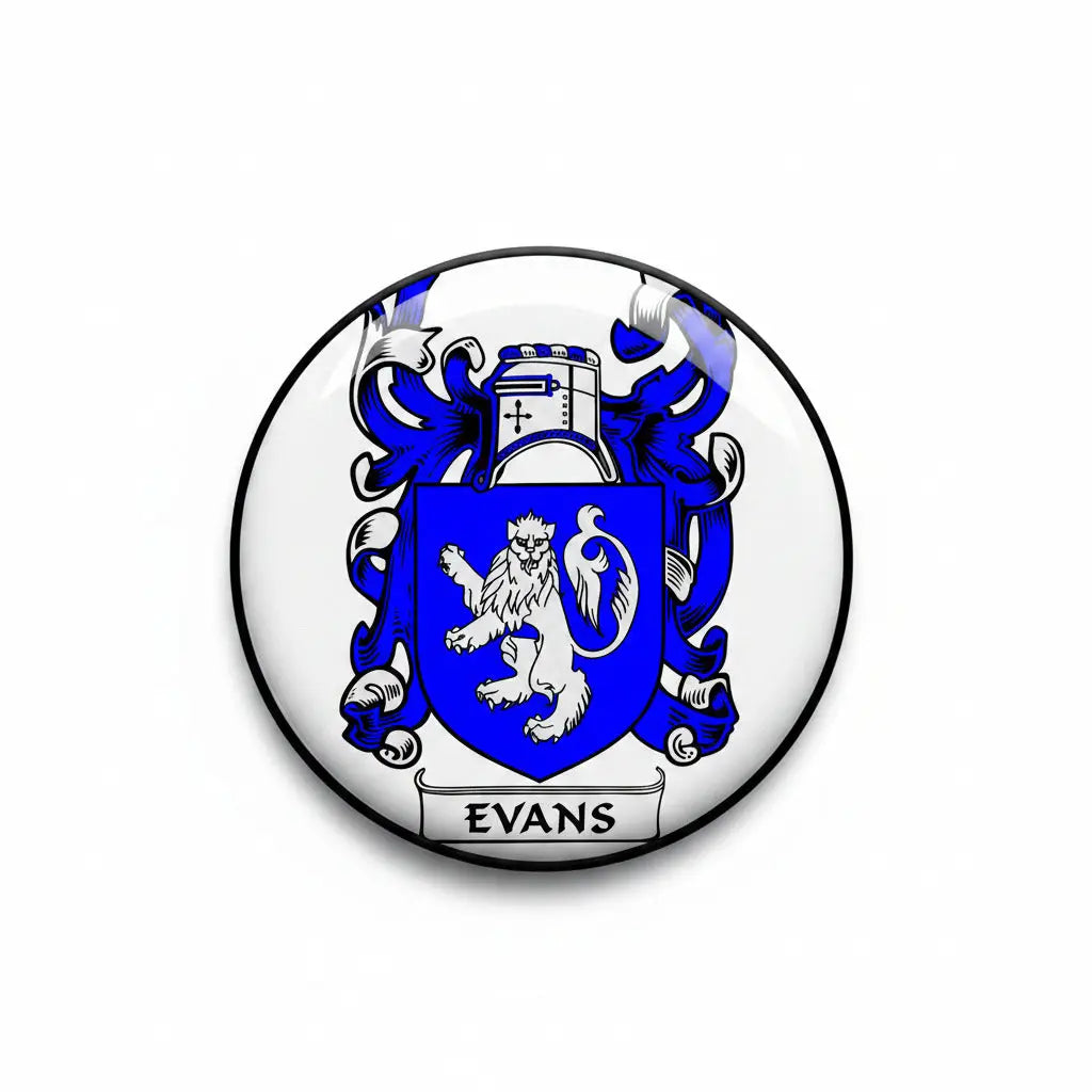 Round coat-of-arms family crest magnet with blue lion design and EVANS name