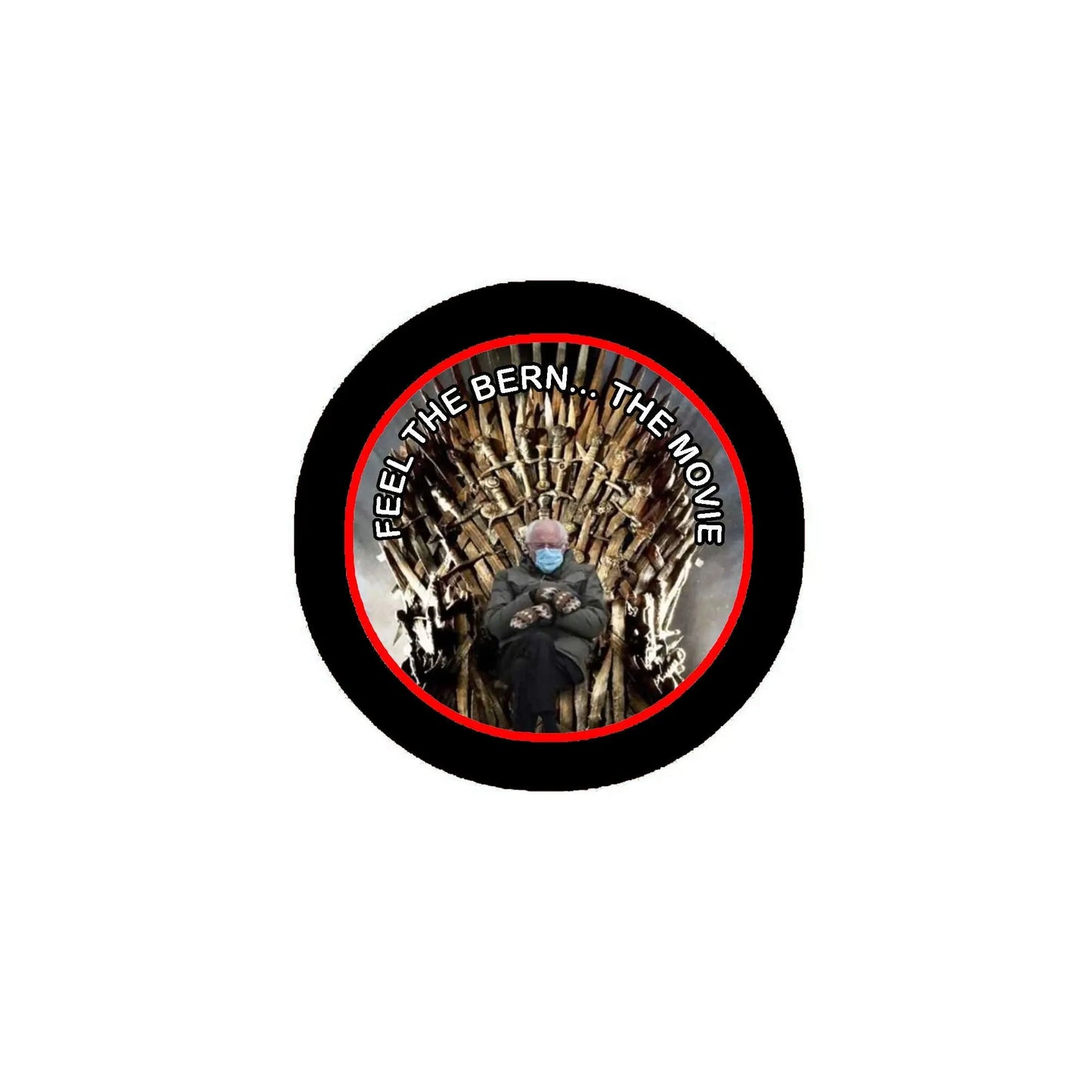 Round pinback button with black rim, photo of raised hands, text 'FEEL THE BERN'