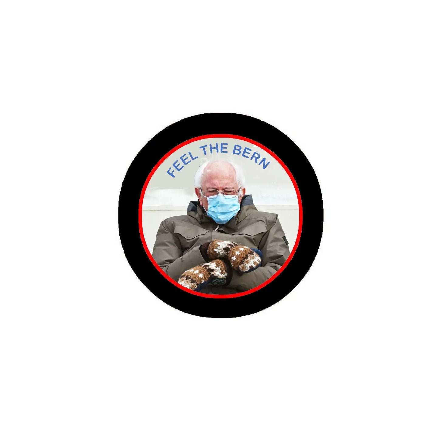 Round pinback button with black rim, 'FEEL THE BERN' text, and masked man's photo