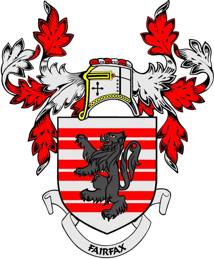 Coat of arms pinback: red/white shield with black lion and Fairfax banner