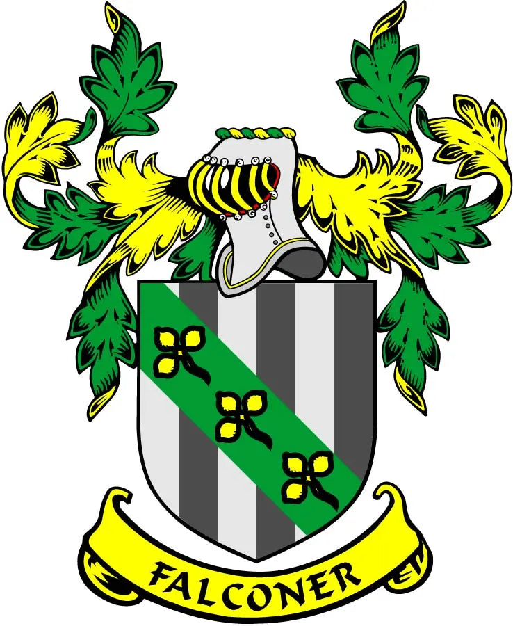 Family crest enamel pinback with striped shield, green leaves, and Falconer banner