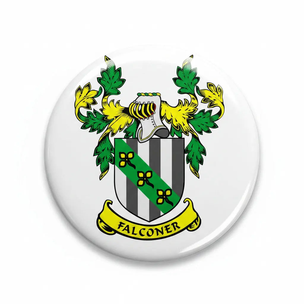 Falconer family crest arms round magnet with shield, laurel, and banner
