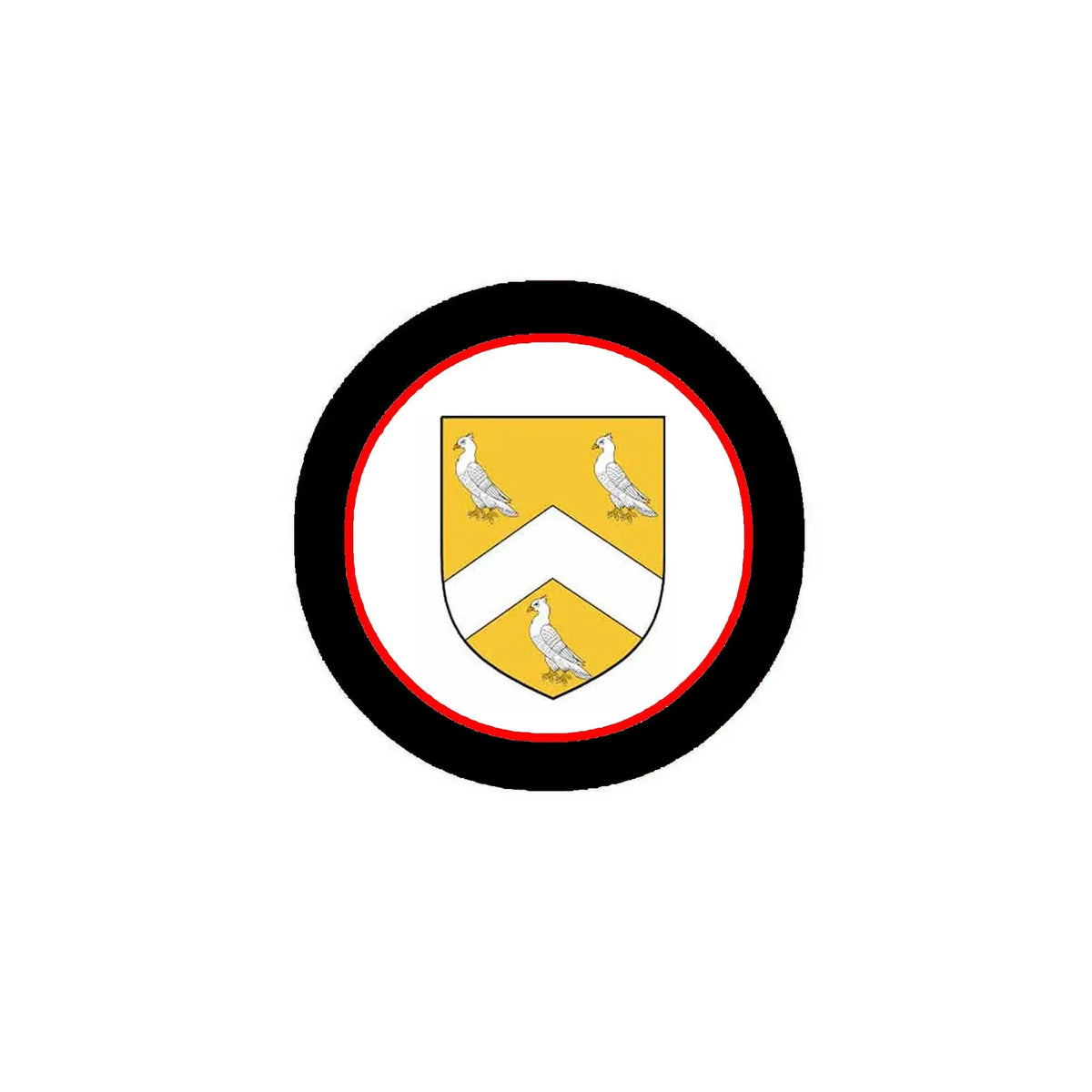 Round family crest arms coat magnet with black ring, red border, yellow shield with birds
