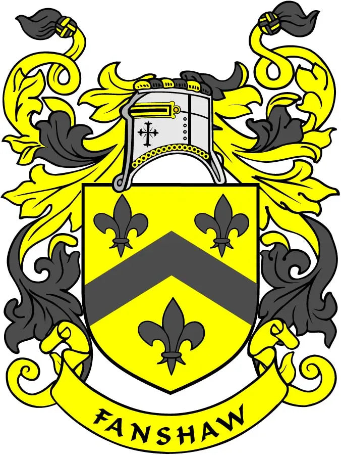 Fanshaw family crest coat of arms magnet with yellow and black shield and fleur-de-lis