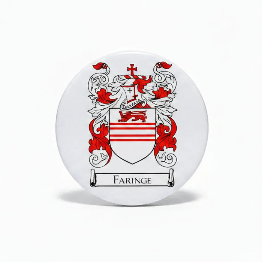 Round Faringe coat of arms magnet with red and black family crest and shield