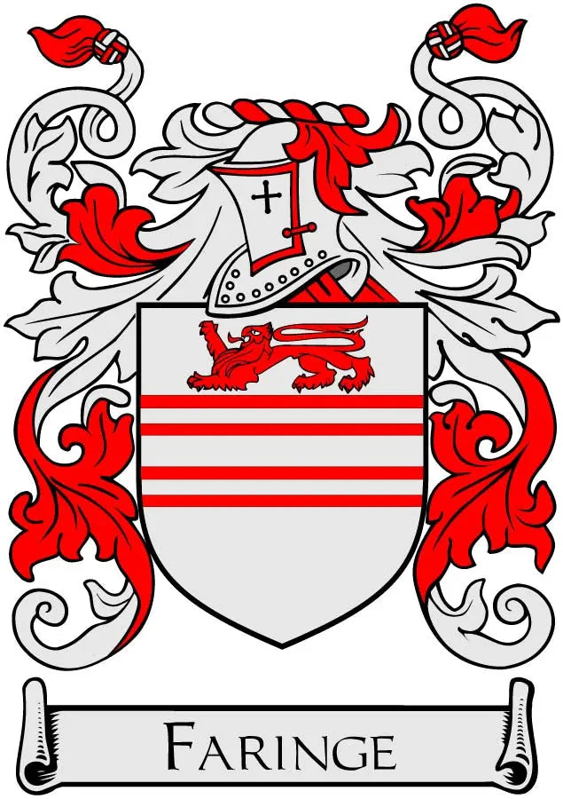 Family crest coat of arms pinback with red and white shield and “FARINGE” banner