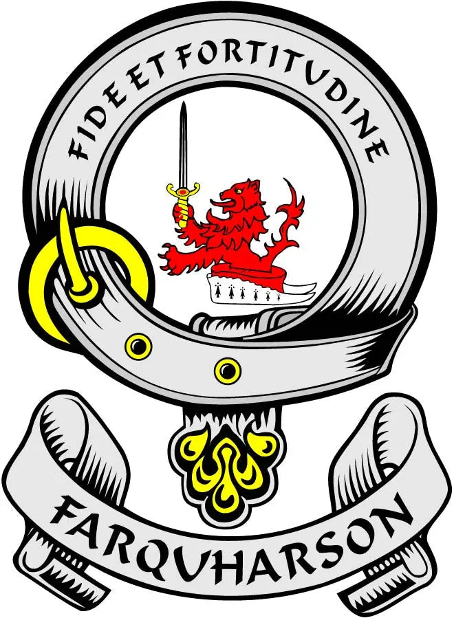 Farquharson family crest arms magnet with helmet, lion, and banner design