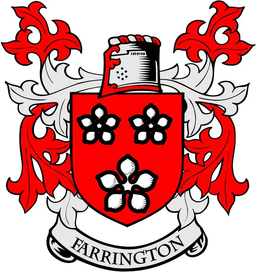 Farrington family crest coat arms magnet with red shield, black flowers, and ribbon text