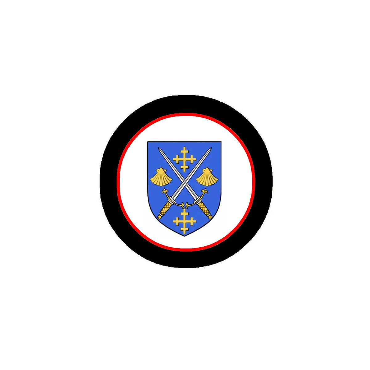 Round family crest coat-of-arms magnet with blue shield and gold crossed emblems