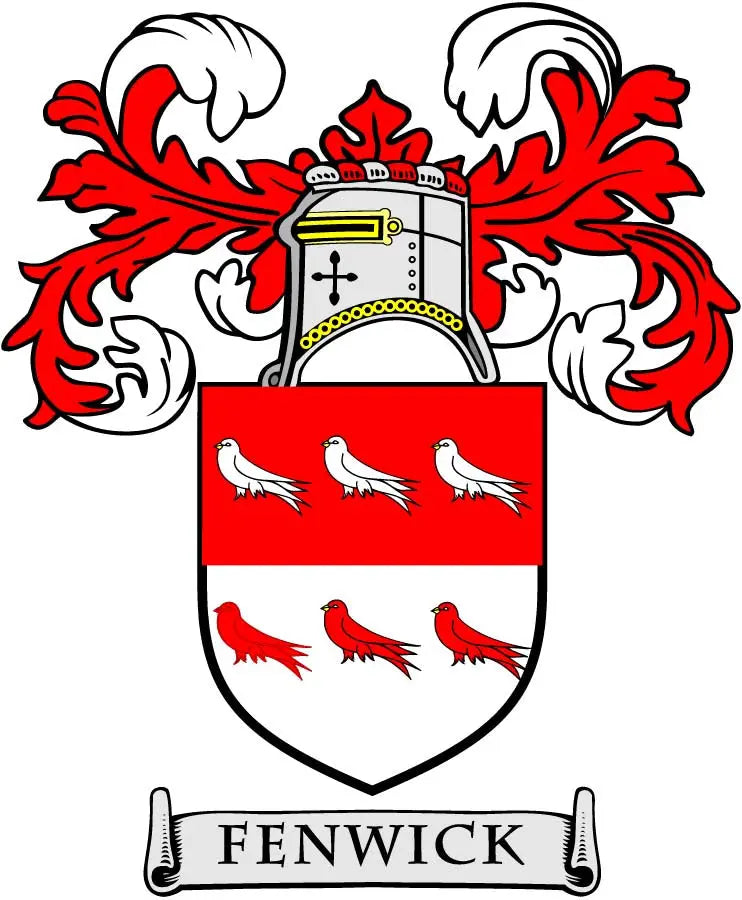 Fenwick coat of arms pinback: red and white shield with flames, crown, and FENWICK text