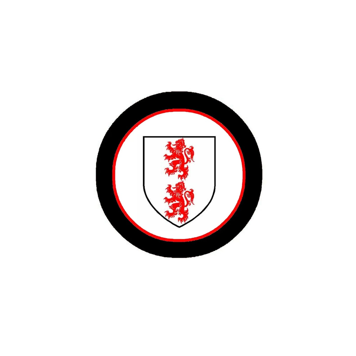 3-inch circular arms magnet with black border, red ring, and red family crest shield