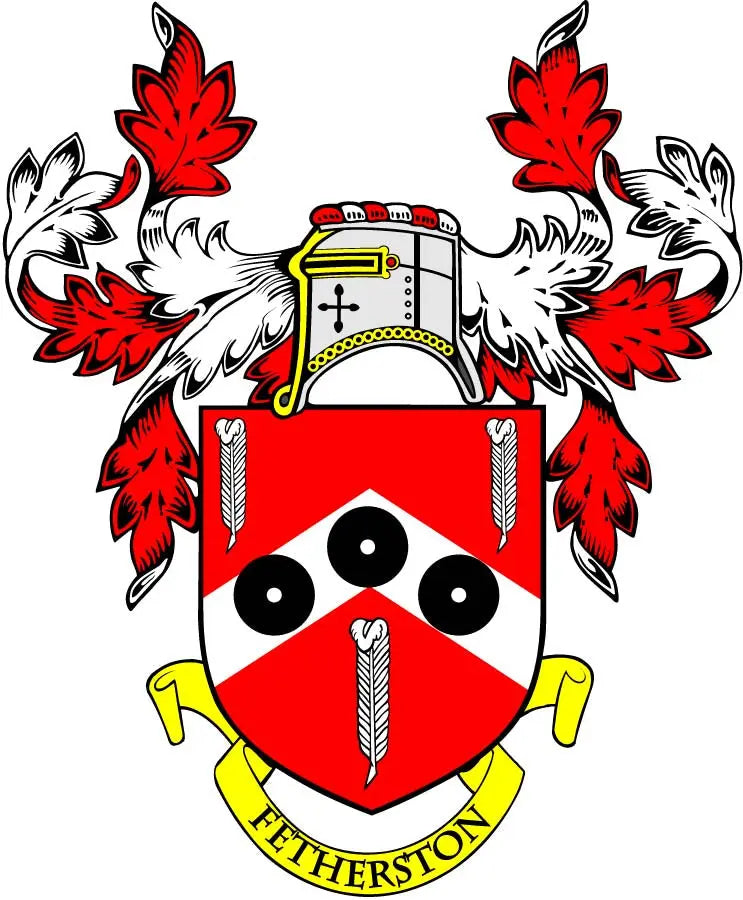 Family crest coat of arms magnet with red-and-white shield and Fetherston banner