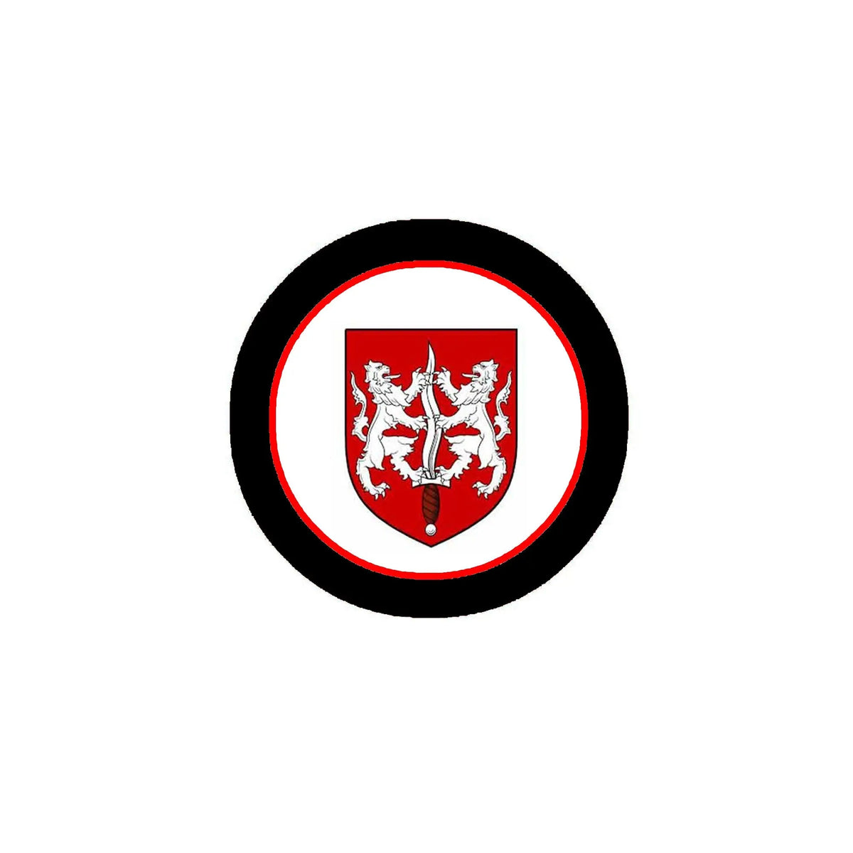 3-inch round coat-of-arms magnet with black ring and red-and-white shield crest