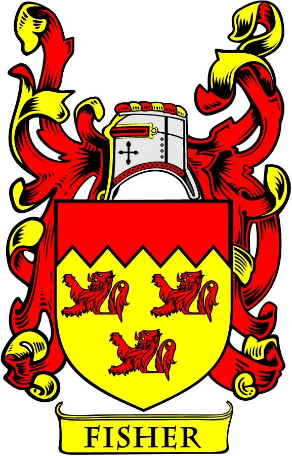 Family crest coat-of-arms magnet with red and yellow shield and FISHER name