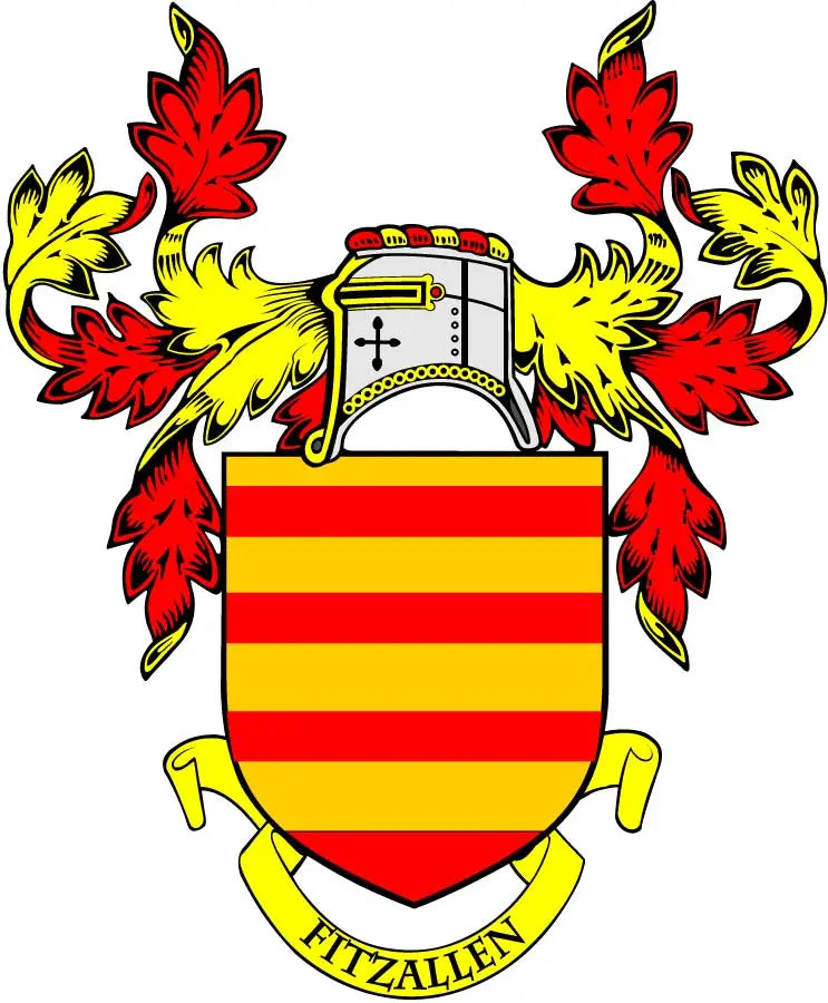 Family crest coat of arms magnet with colorful shield and leaf accents, “Fitzallen” banner