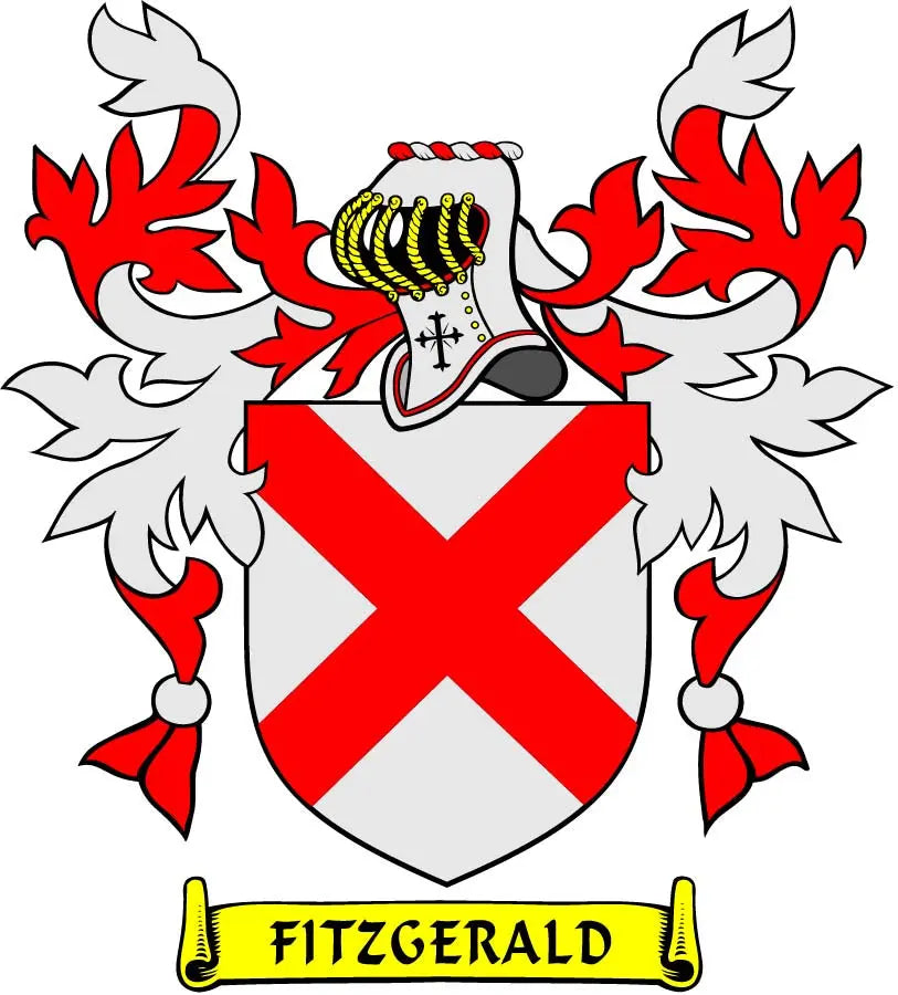 Fitzgerald family crest coat of arms magnet with white shield, red X, and flames