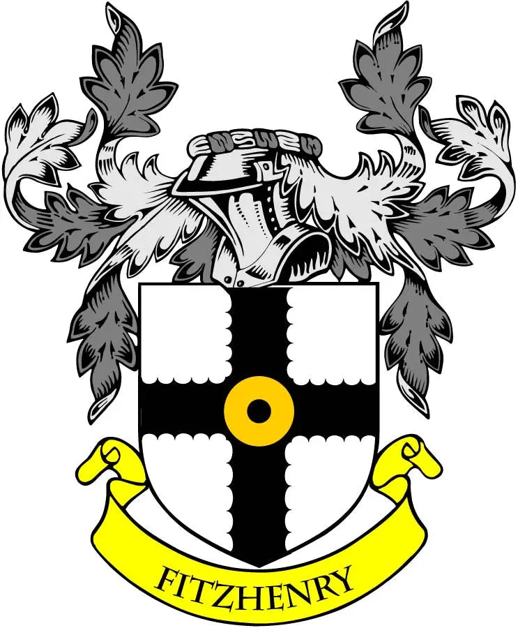 Fitzhenry family crest coat of arms pinback, black-and-white shield with yellow ribbon