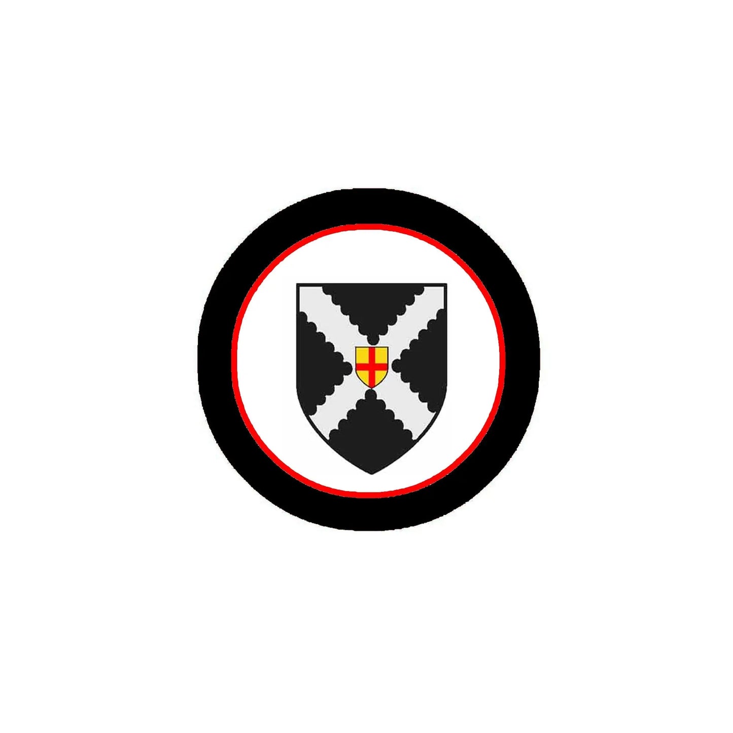 Round black family crest arms magnet with shield and wings, red inner ring