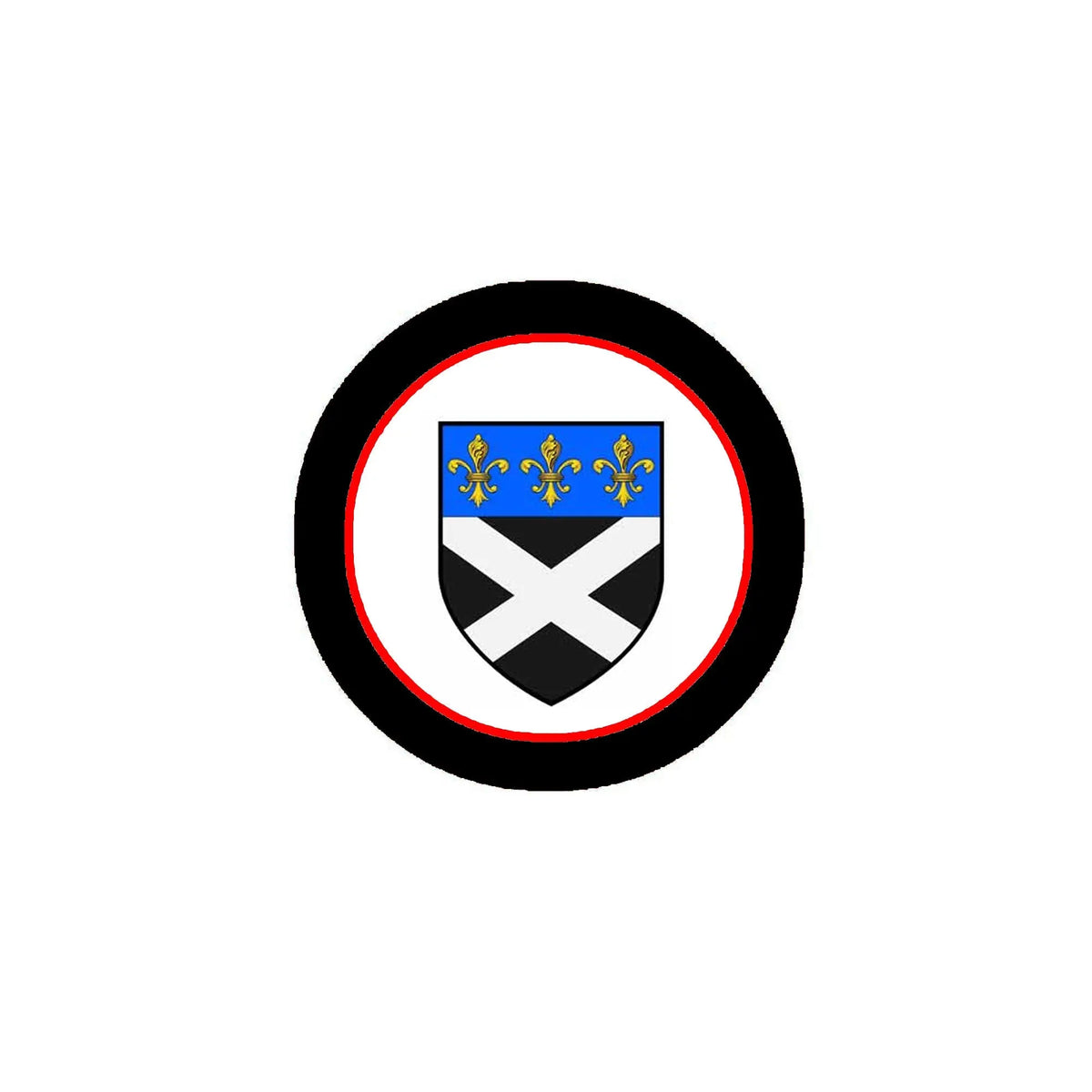 Round family crest coat-of-arms fridge magnet, blue fleur-de-lis shield with X