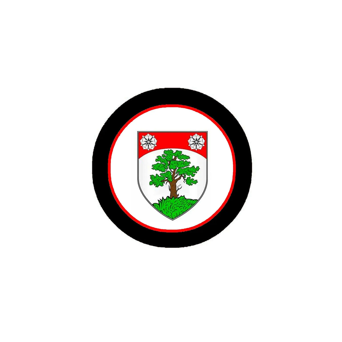 3-inch family crest coat arms magnet, black rim with red shield and green tree design