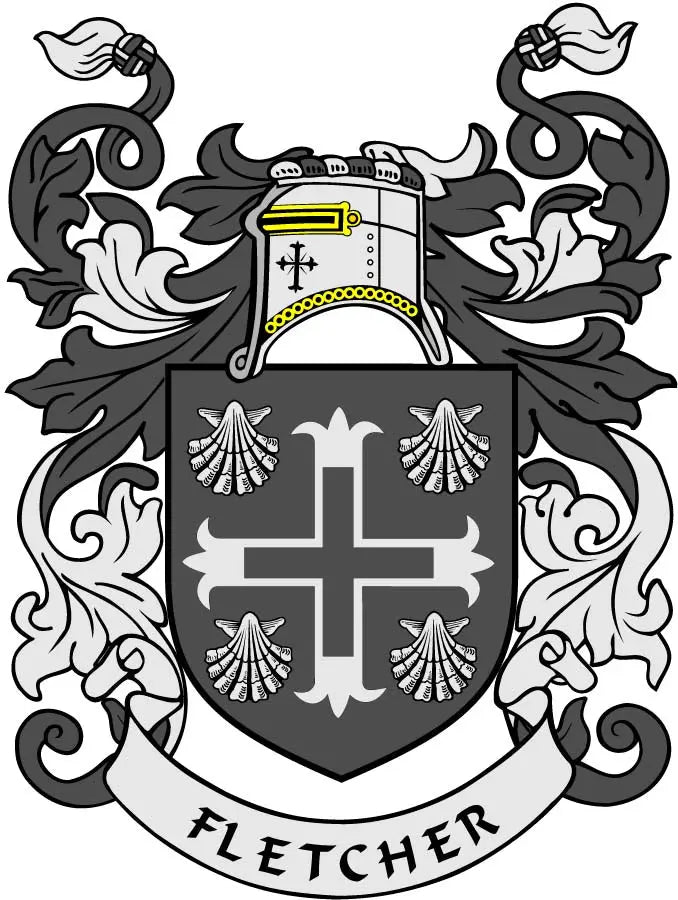 Fletcher family crest pinback badge with shield cross and laurel, black and gold details