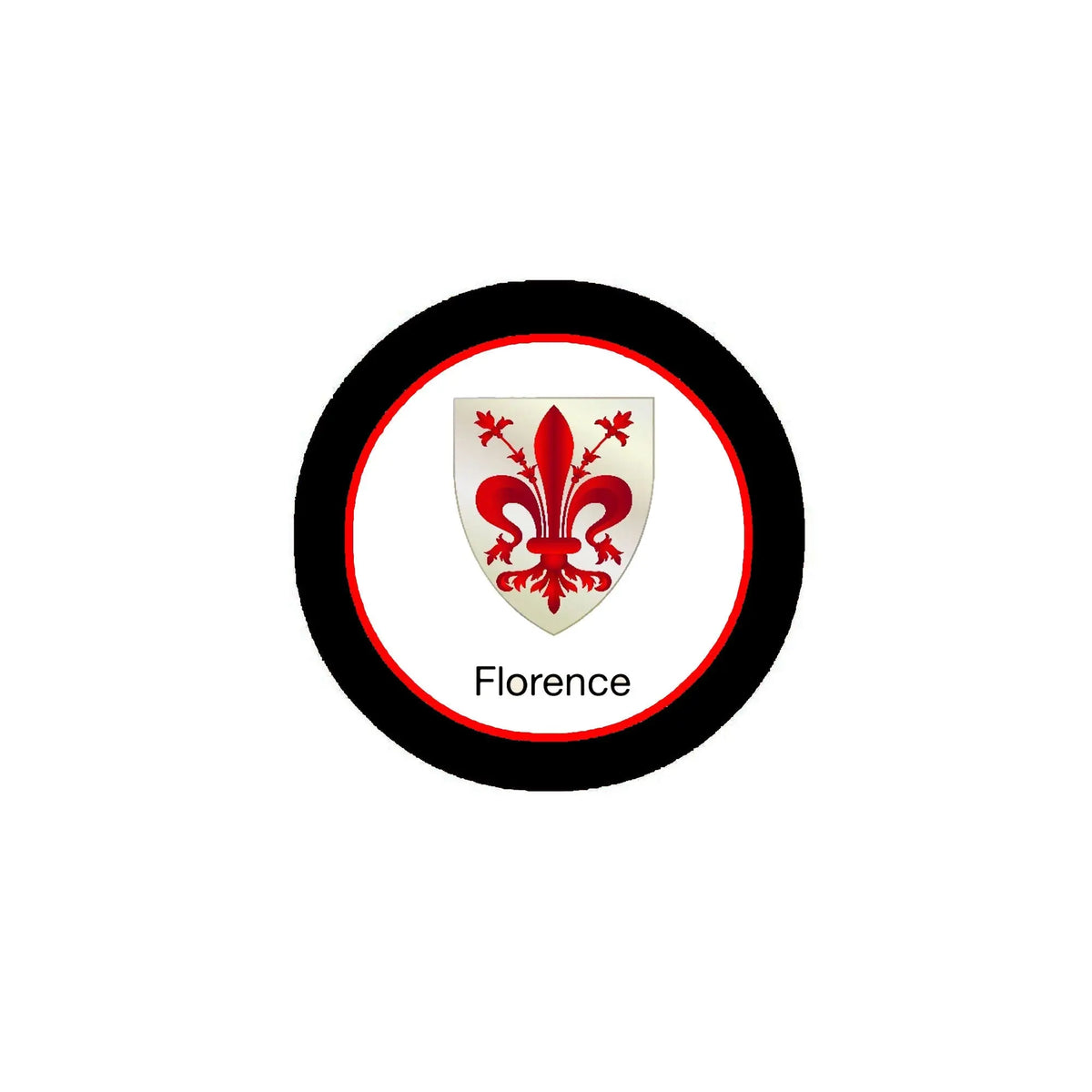 3-inch round Florence family crest magnet with red fleur-de-lis on white center