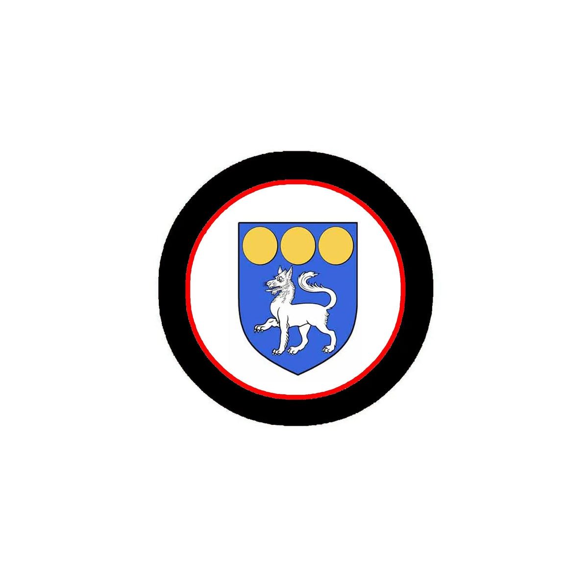 Round black-bordered crest arms magnet with blue shield and white lion illustration
