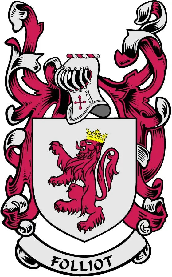 Family crest coat of arms magnet: white shield, red lion, crown, red mantling, FOLLIOT