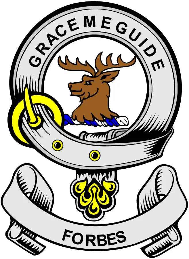 Round Forbes family crest arms magnet, 3-inch: deer emblem with yellow accents.