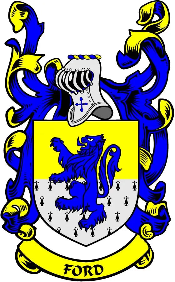 Ford family crest coat-of-arms magnet with blue-and-yellow shield and 'FORD' banner