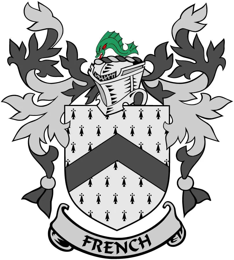 Coat of arms pinback badge with green dragon crest, black-and-white shield, banner 'FRENCH'