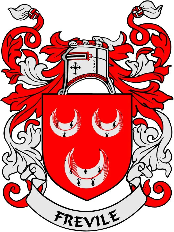 Frevile family crest coat-of-arms arms magnet, 3-inch, red and white shield with crown
