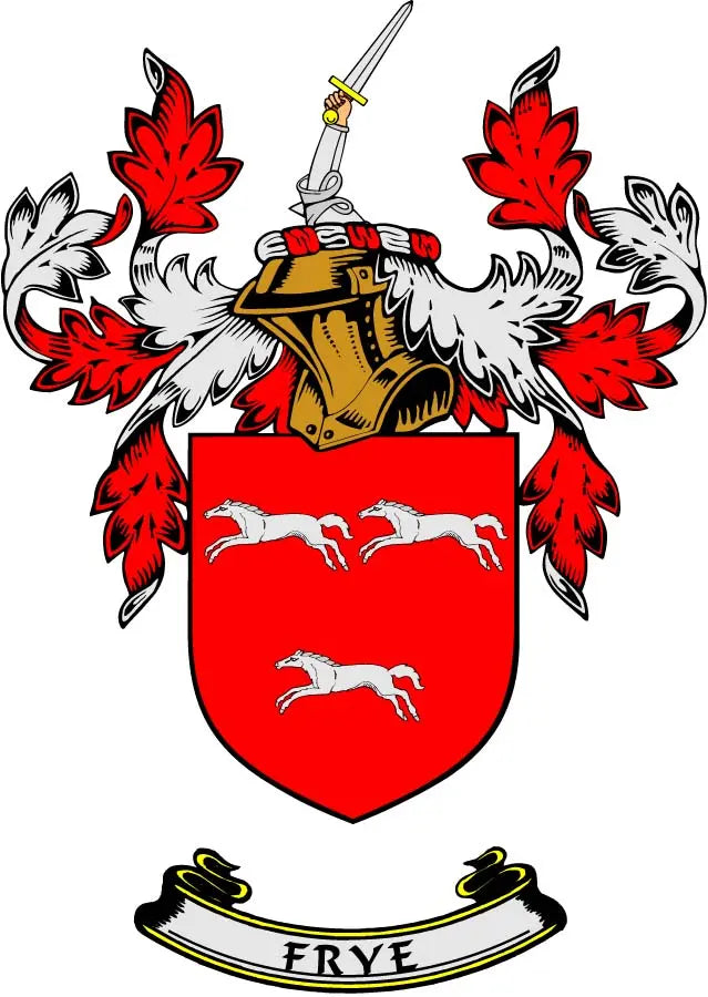 Family crest magnet, red shield coat of arms with gold banner and FRYE ribbon, 3-inch