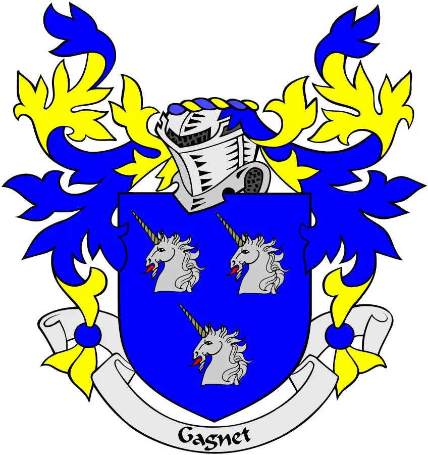 Heraldic family crest magnet with blue shield, gold flames, helmet, and unicorns