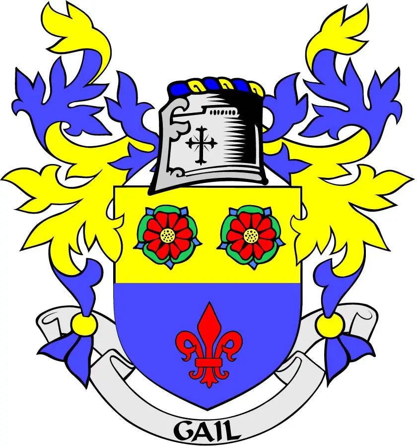Gail family crest coat of arms magnet with blue shield, fleurs, and red fleur-de-lis