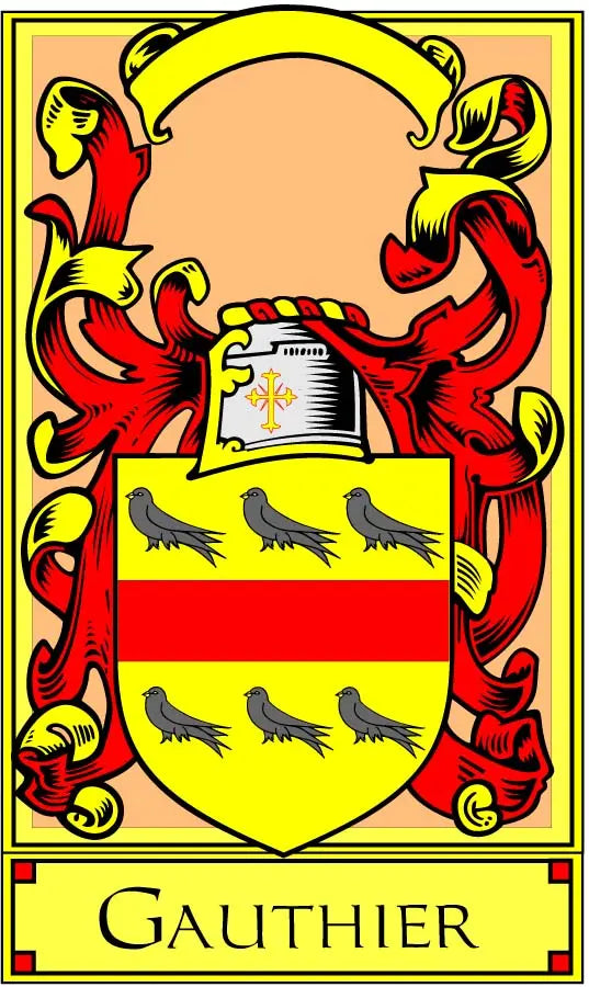 Family crest pinback with black-and-silver shield, red lions, and “GAUTHIER” banner