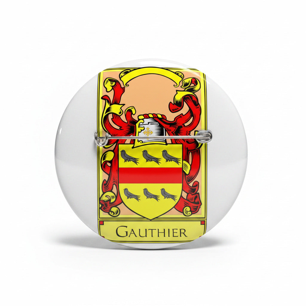 Family crest pinback with black-and-silver shield, red lions, and “GAUTHIER” banner