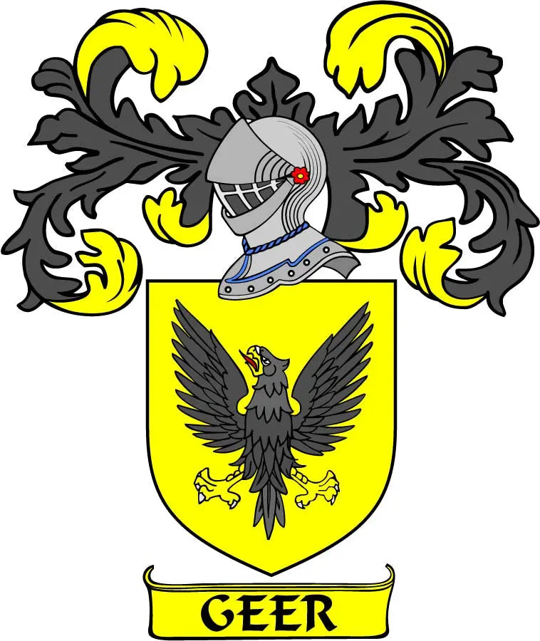 Geer crest arms magnet: yellow shield with black eagle and “GEER” banner