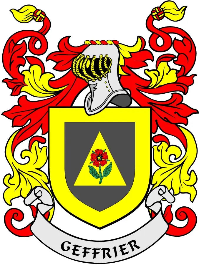 3-inch Geffrier coat arms magnet with shield, rose, and ribbon crest design