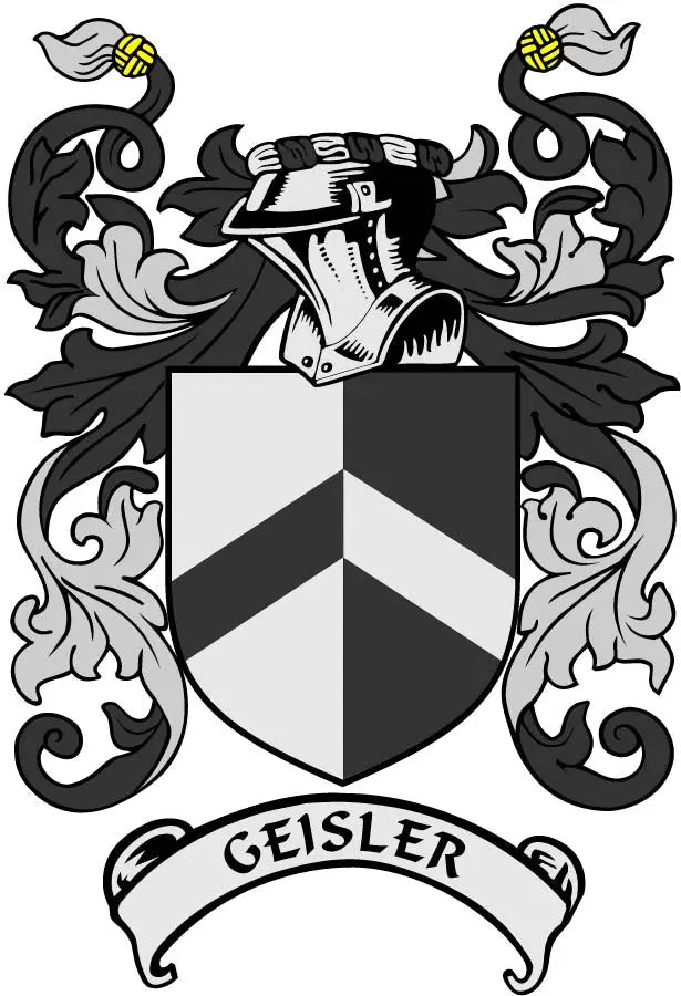 Geisler family crest coat arms magnet, black and white shield with banner