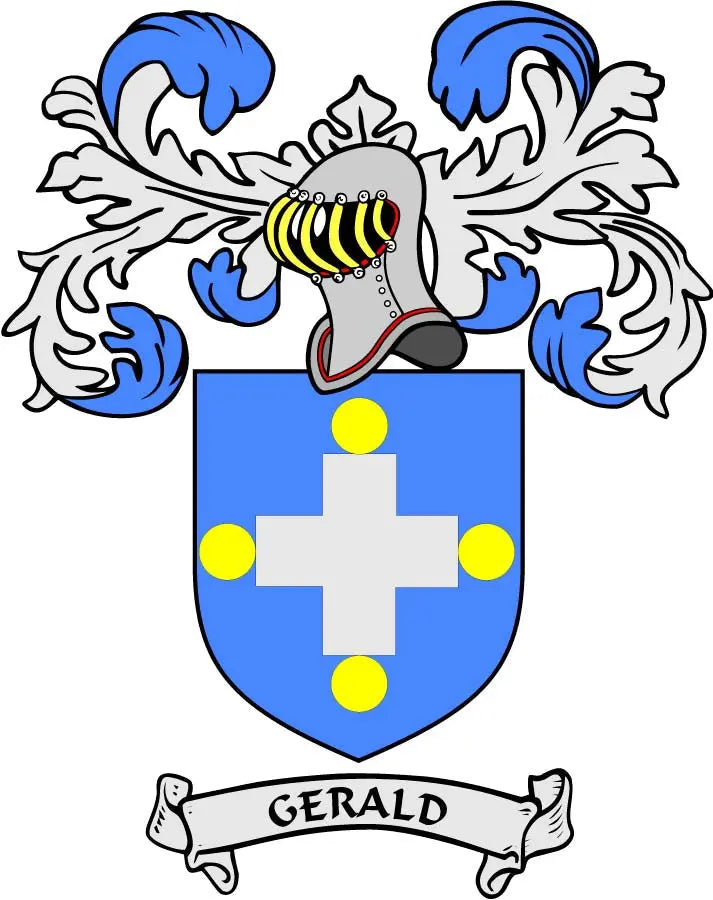 Gerald family crest pinback: blue shield with white cross and banner reading GERALD