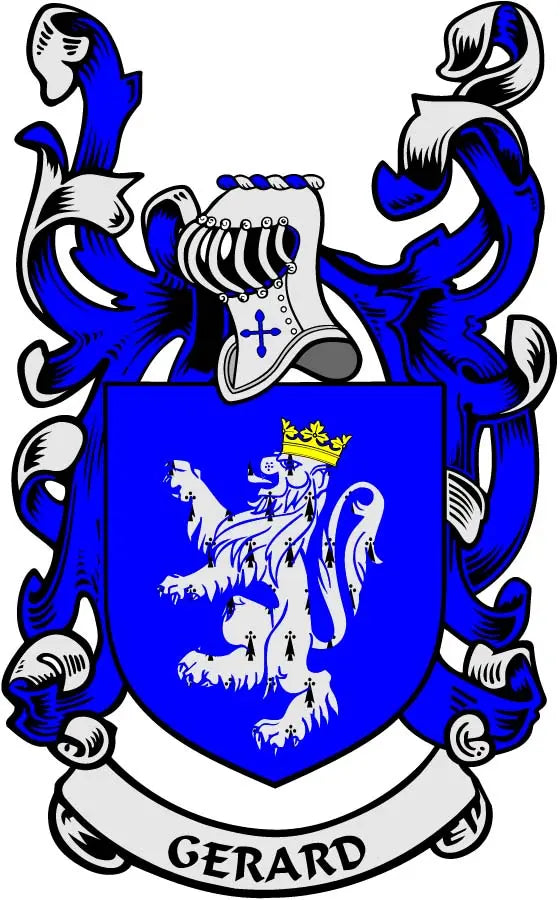 Gerard family crest coat arms magnet with blue shield and white lion, black banner text GERARD