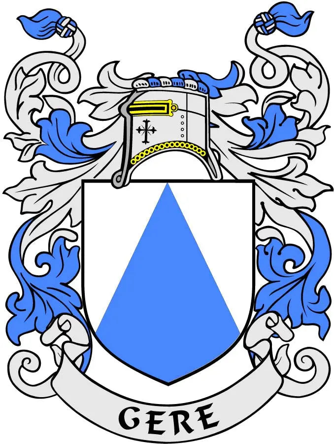 Gere family crest pinback coat of arms with blue shield and crown emblem