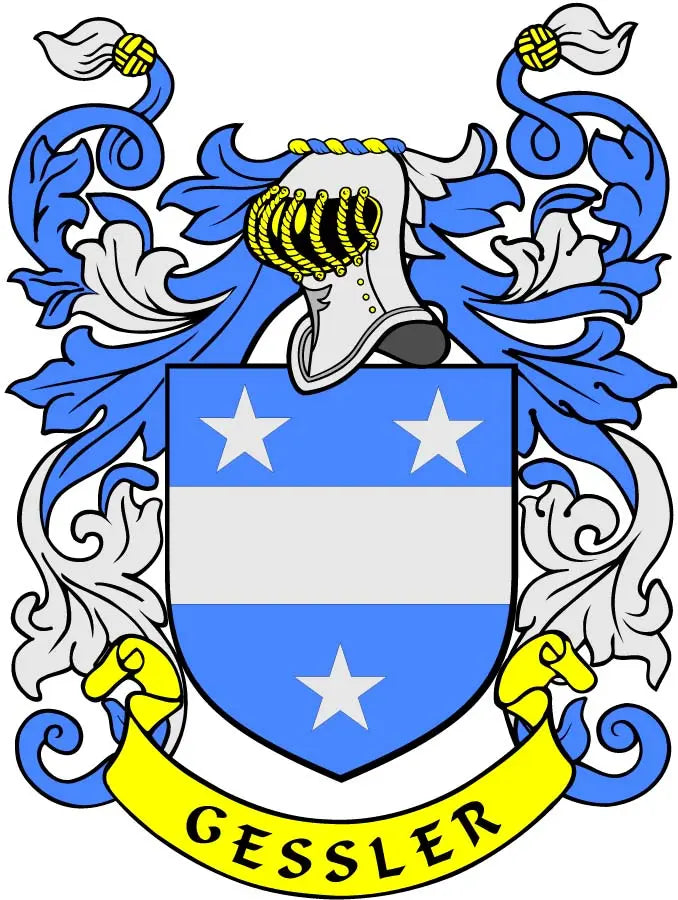Gessler coat of arms magnet: blue shield with stars and white ribbon, 3-inch