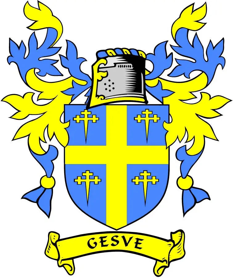 Gesve family crest magnet: blue and yellow shield with helmet, mantling, banner reading GESVE