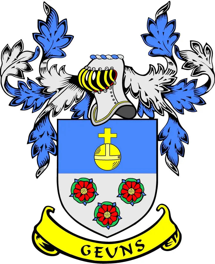 3-inch family crest coat of arms magnet with blue leaves, shield, and yellow banner