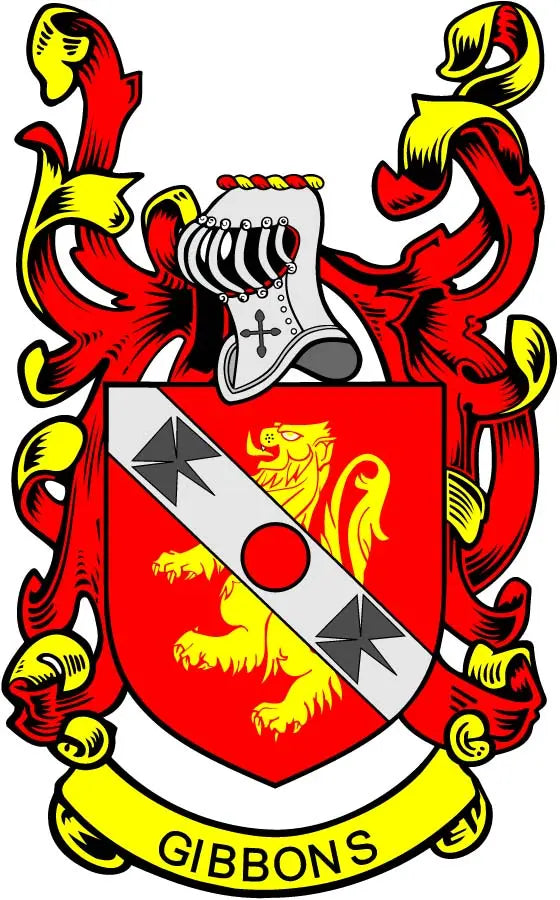Gibbons family crest arms magnet, red yellow shield with gray diagonal bars, lion, birds, 3-inch