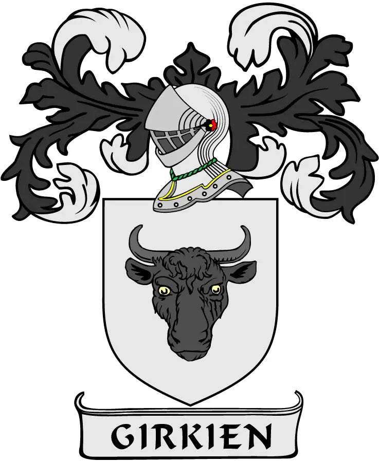 Family crest coat of arms magnet with shield, helmet, black bull head and GIRKIEN text