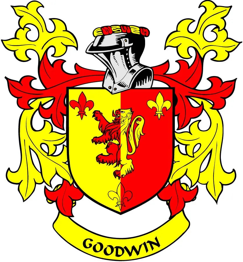 Goodwin coat of arms pinback with red and yellow shield, lion, and 'GOODWIN' banner