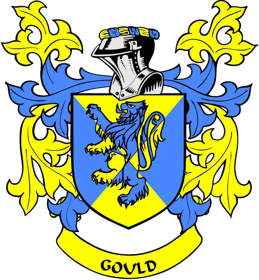 Blue and yellow family crest coat of arms magnet with shield, lion, and 'Gould' banner